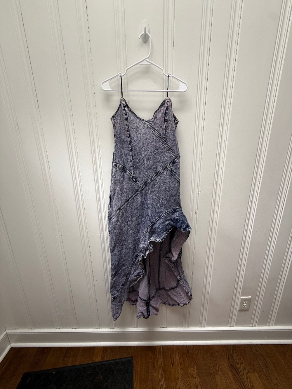 Amanda Uprichard Washed Purple Denim Strapless Ruffle Midi Dress